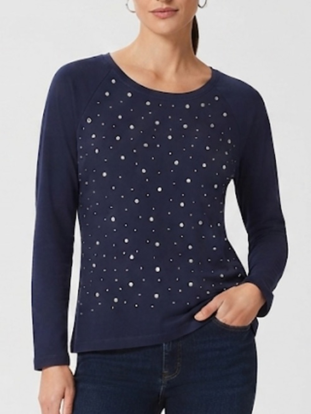 Weekends By Chico’s Navy Long Sleeve Crewneck Sweater with Stud Detail Size 3